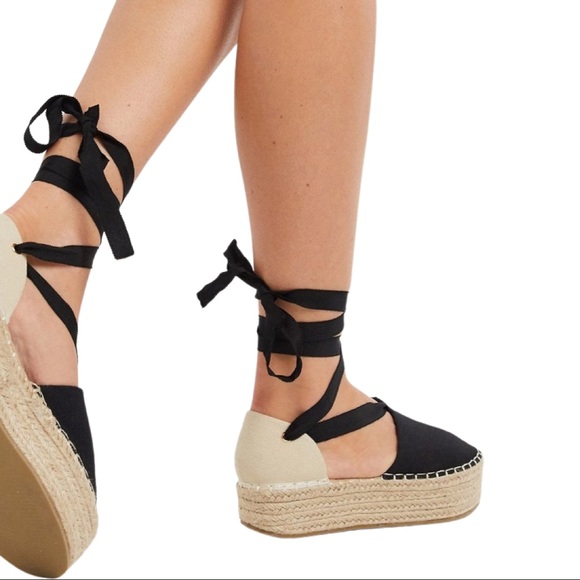 ASOS Shoes - ASOS DESIGN Jamie flatform tie leg espadrilles in black/natural